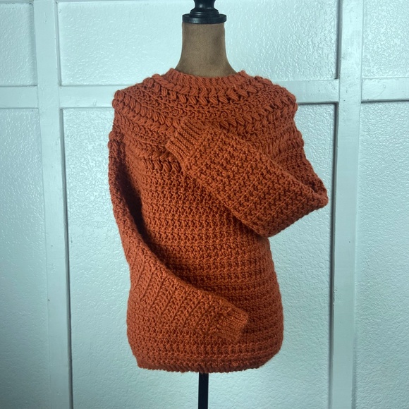 Handmade Crochet Sweater Rust Orange Chunky Knit Pullover Women’s Small - Picture 6 of 7